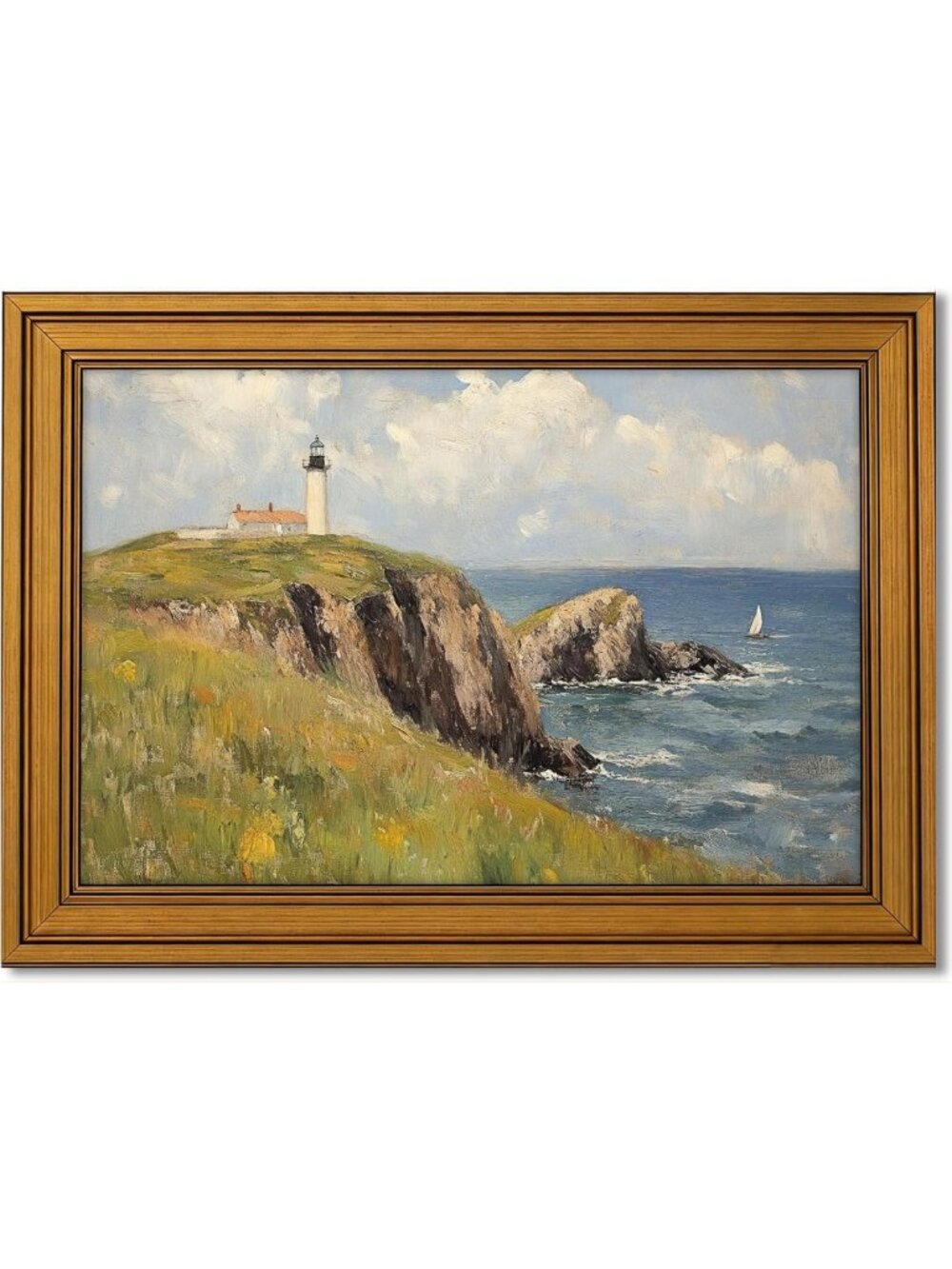 Coastal Lighthouse Vintage Canvas Wall Art in Gold Frame - 9x11in Home Decor